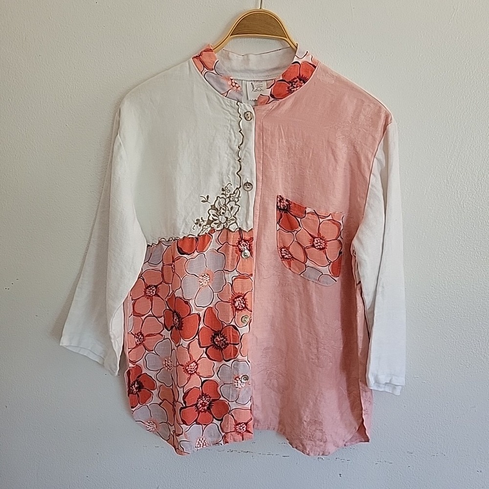 California Originals Top Mixed Media Embroidered Eyelet‎ Jacquard Button Up Boho